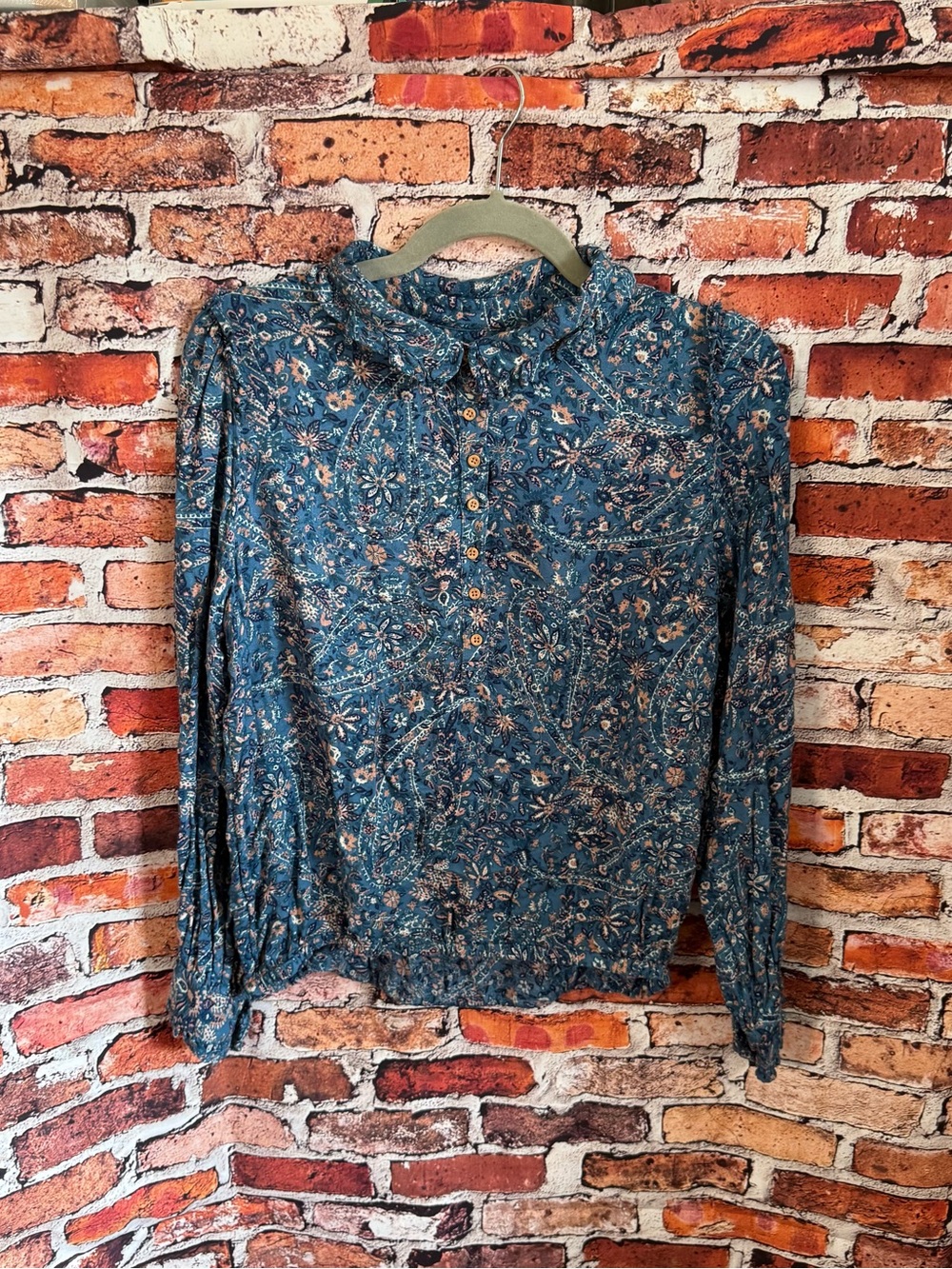 Lucky Brand Women’s M Teal Paisley Floral Ruffle Collar Long Sleeve Boho Blouse